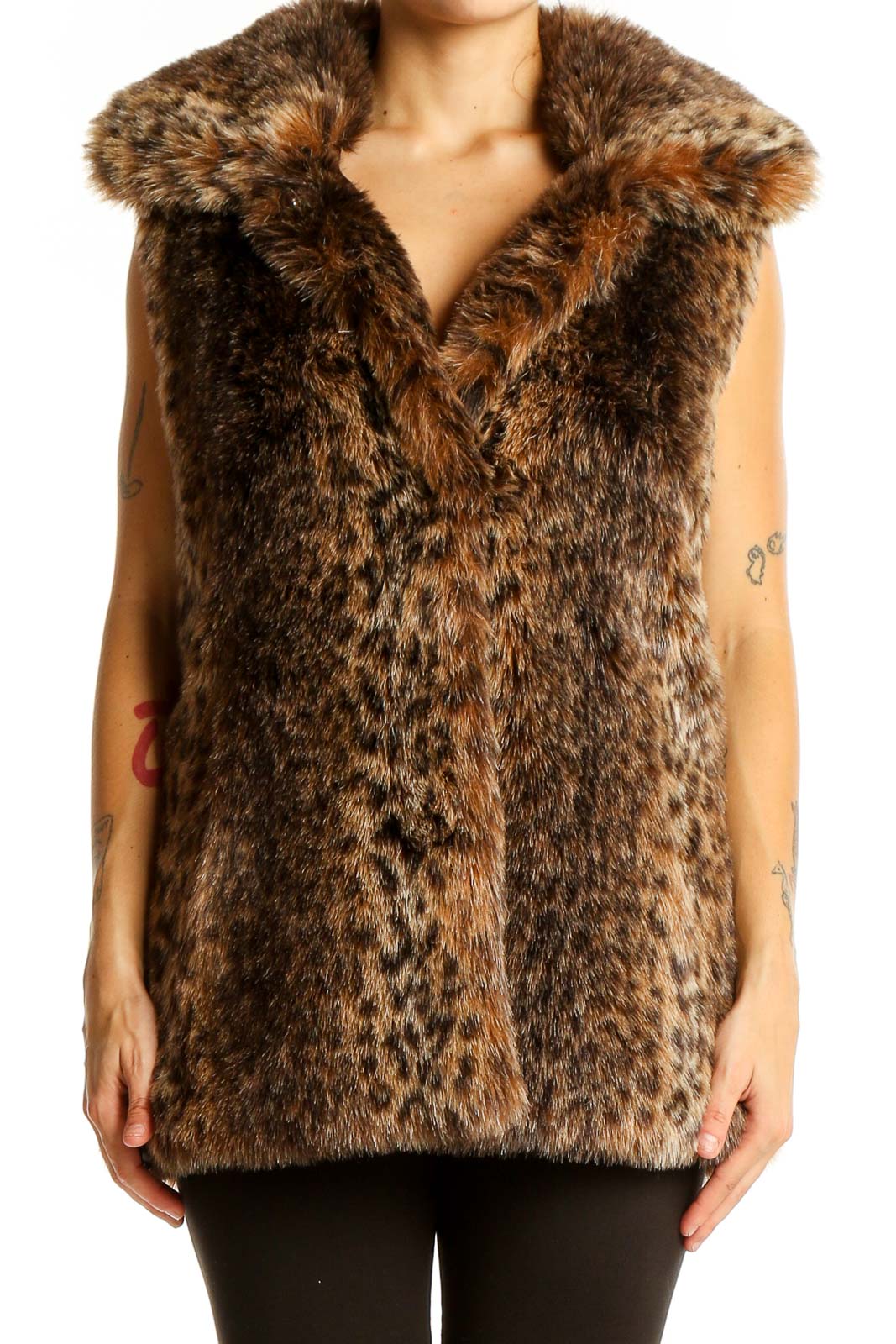 Brown Leopard Print Faux Fur Vest Front