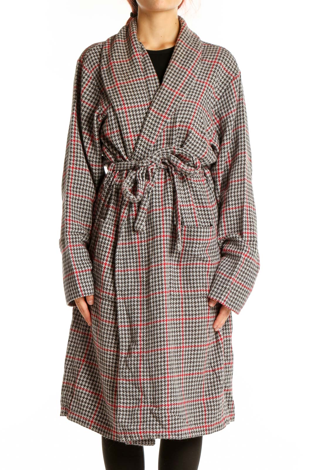 Gray Houndstooth Belted Coat Front