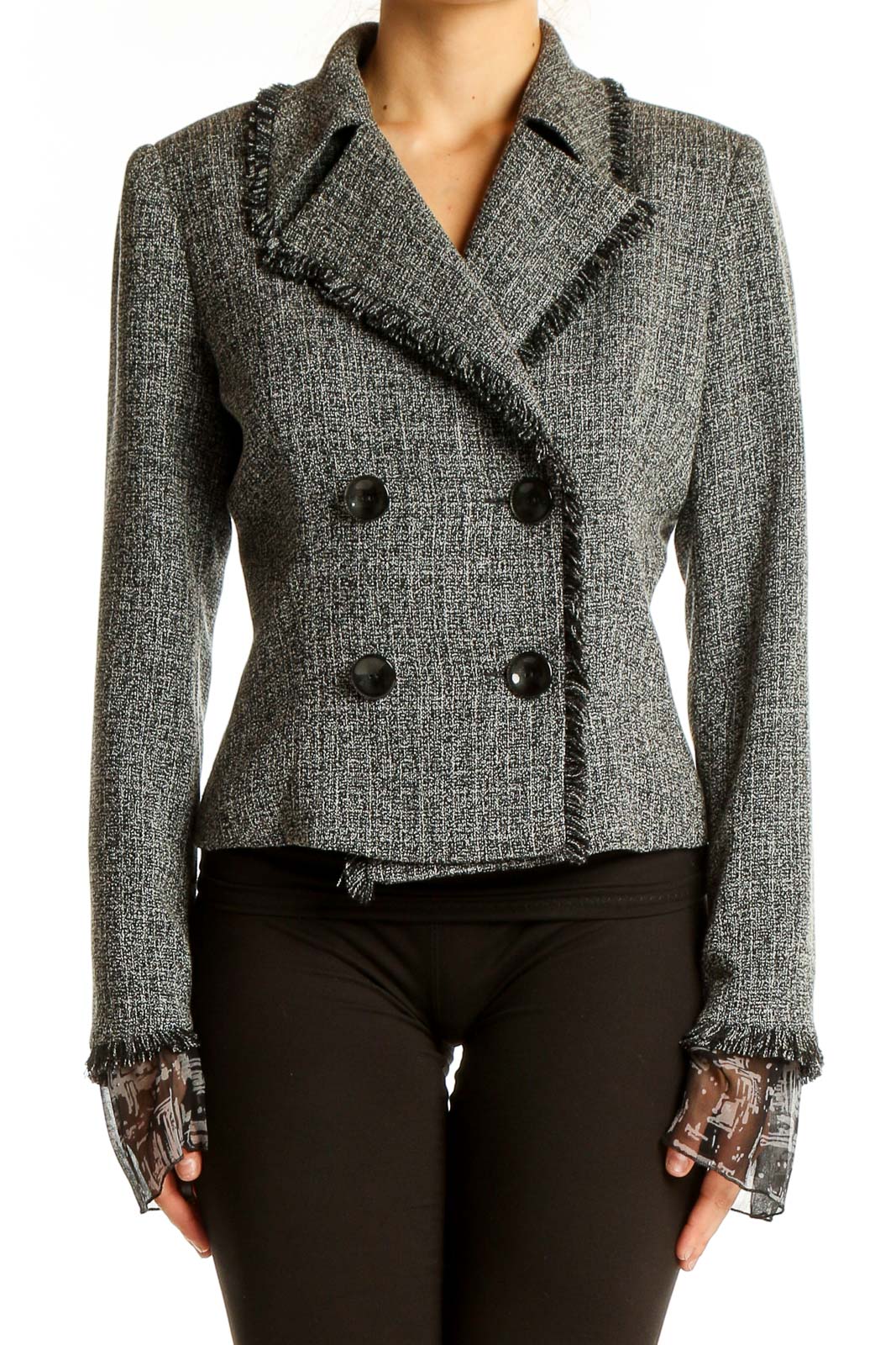 Gray Tweed Double-Breasted Cropped Jacket Front