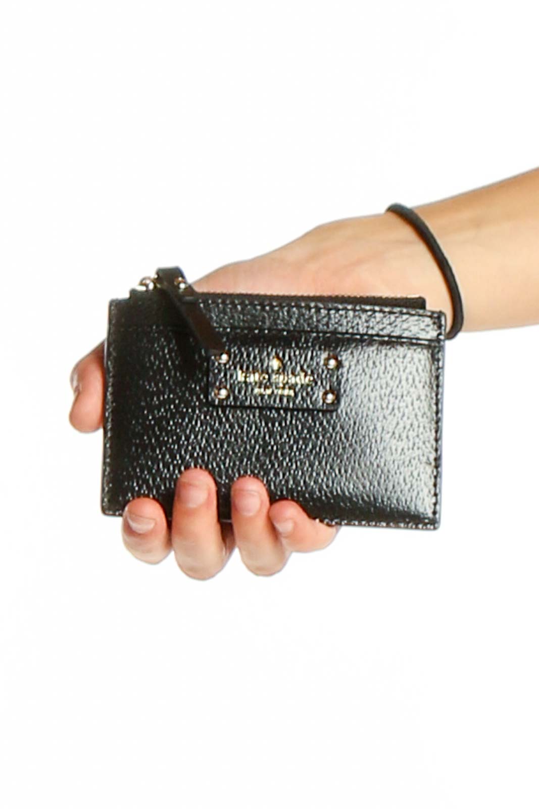 Black Leather Zip-Around Wristlet Clutch Front