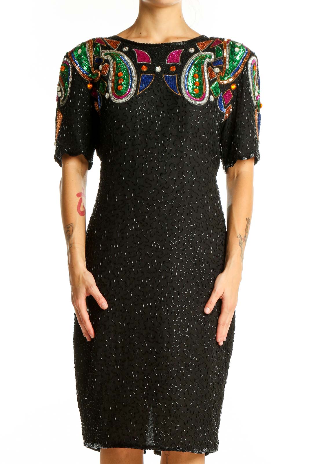 Black Silk Beaded Cocktail Dress Front