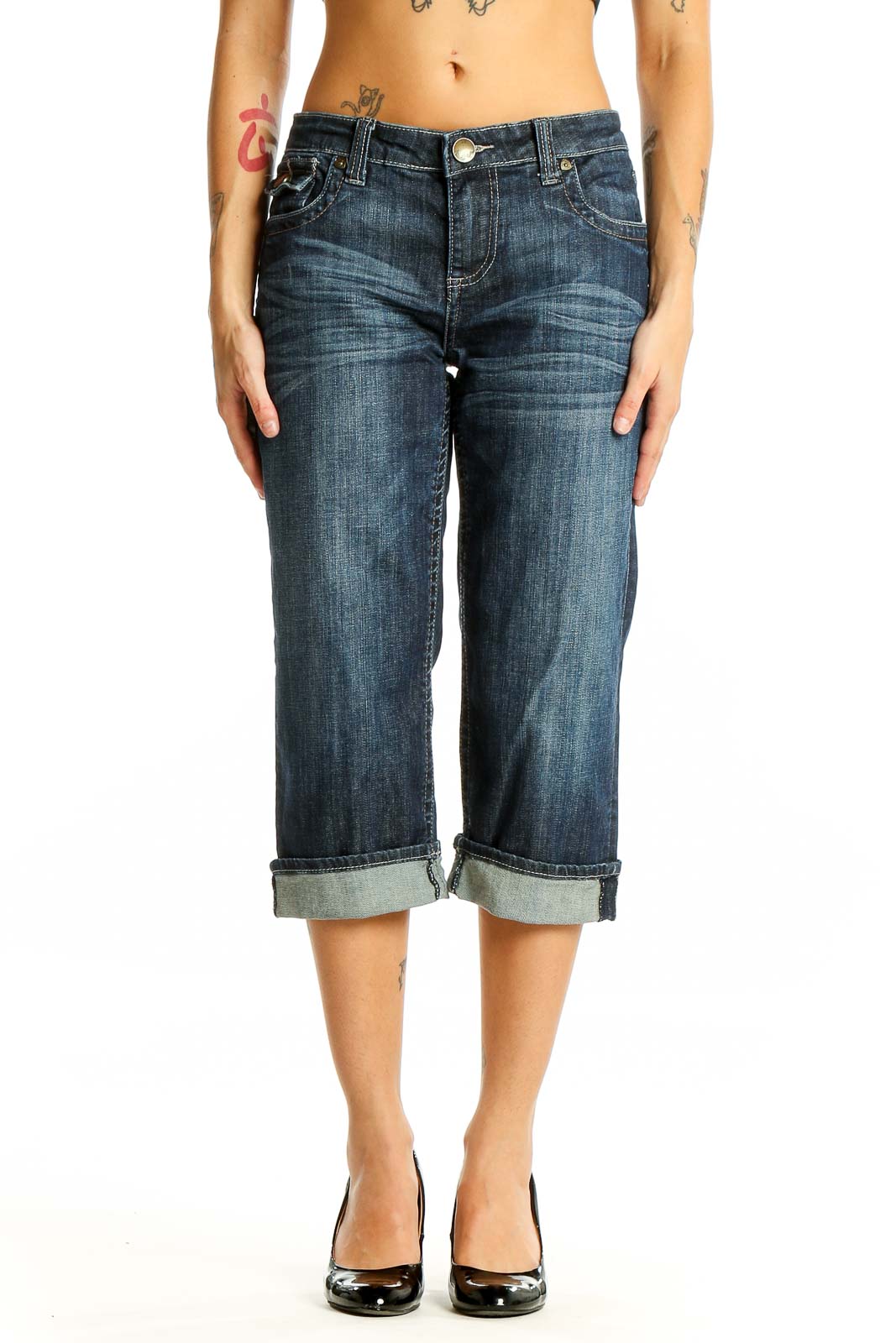 Dark Blue Cropped Denim Capris Front
