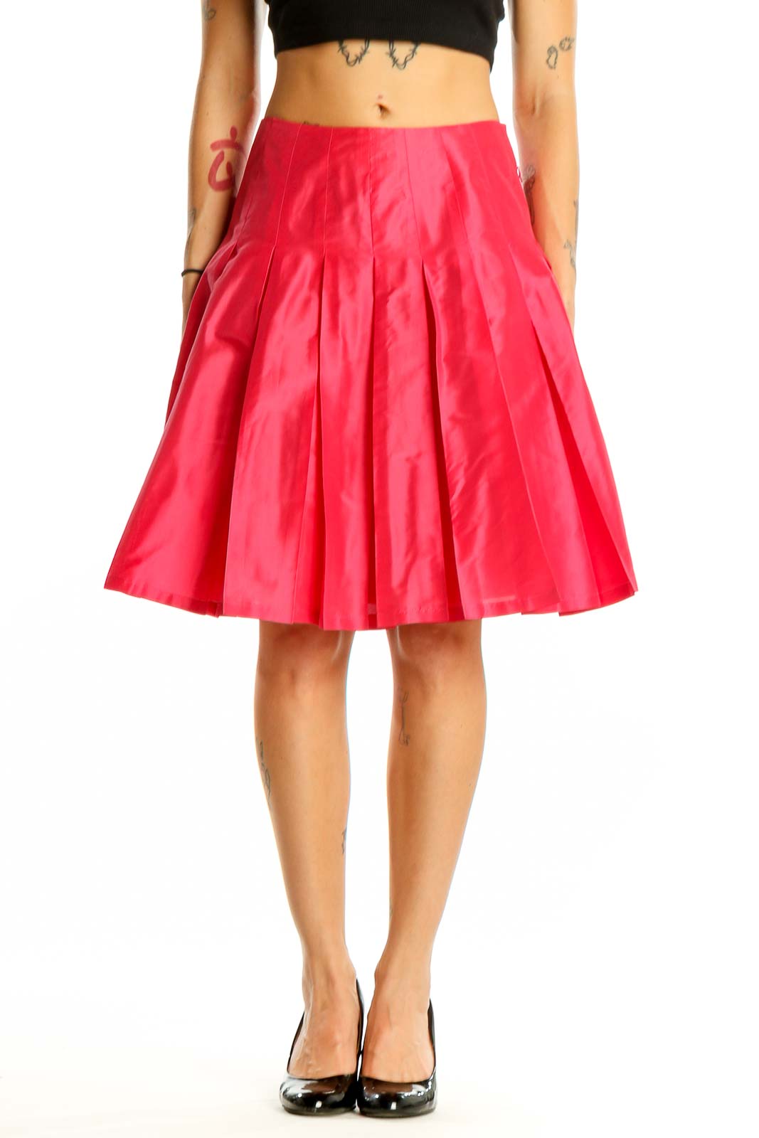 Red Pleated Silk Skirt Front