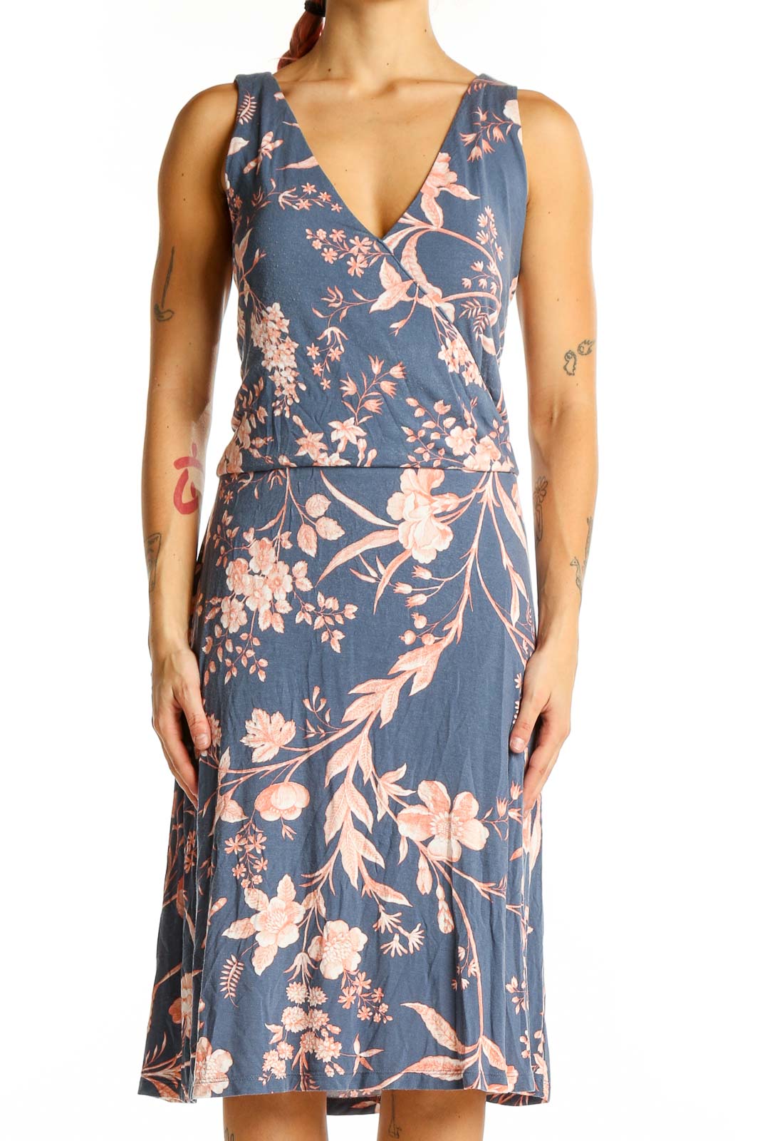 Blue Floral V-Neck Sleeveless Midi Dress Front