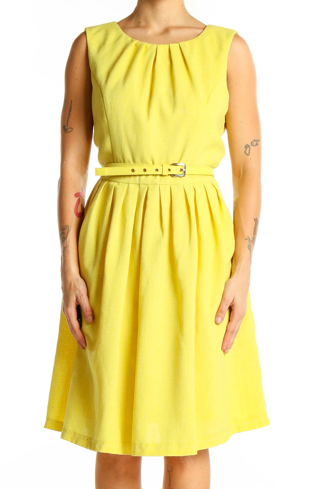 Yellow Pleated Sleeveless A-Line Dress Front