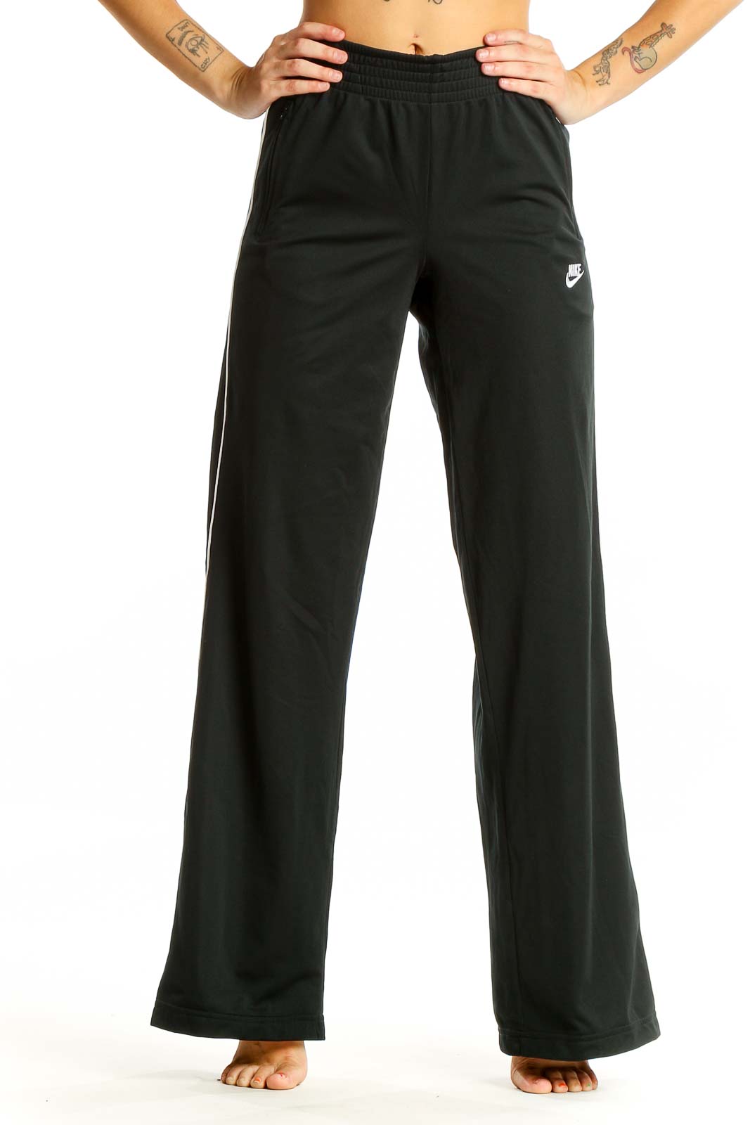 Black Wide-Leg Polyester Activewear Pants Front