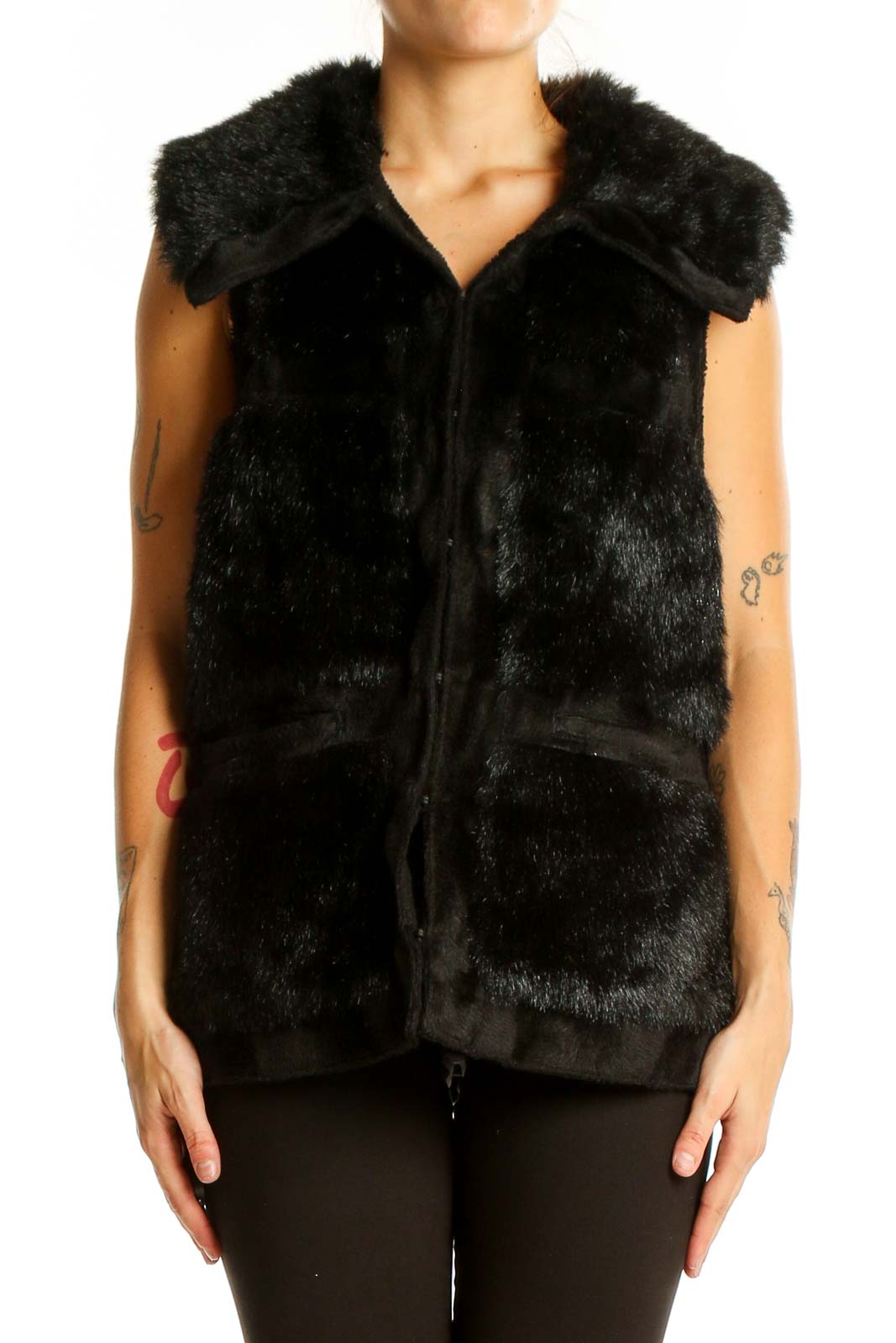 Black Faux Fur Zip-Up Vest Front