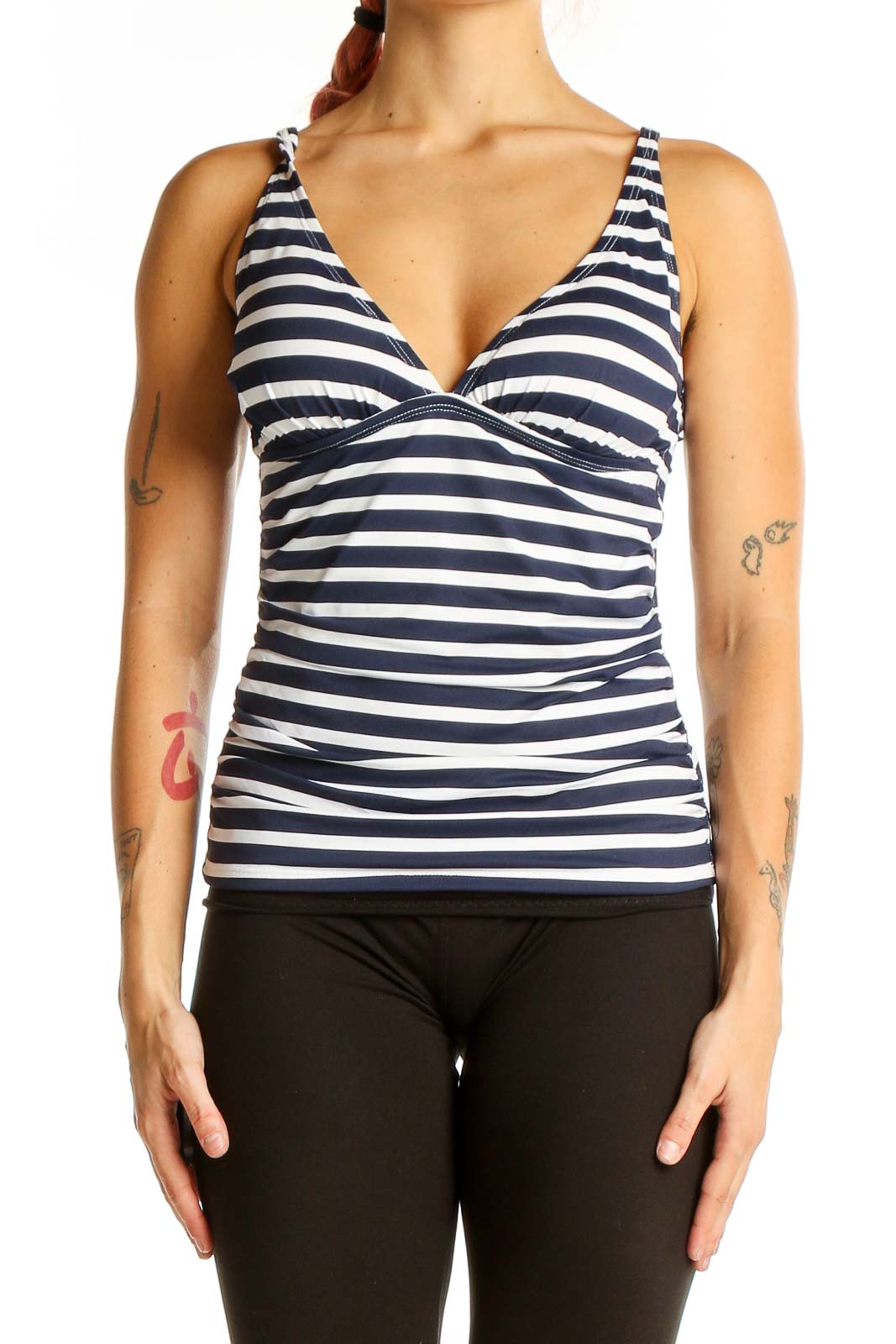 Navy and White Striped V-Neck Tank Top Front