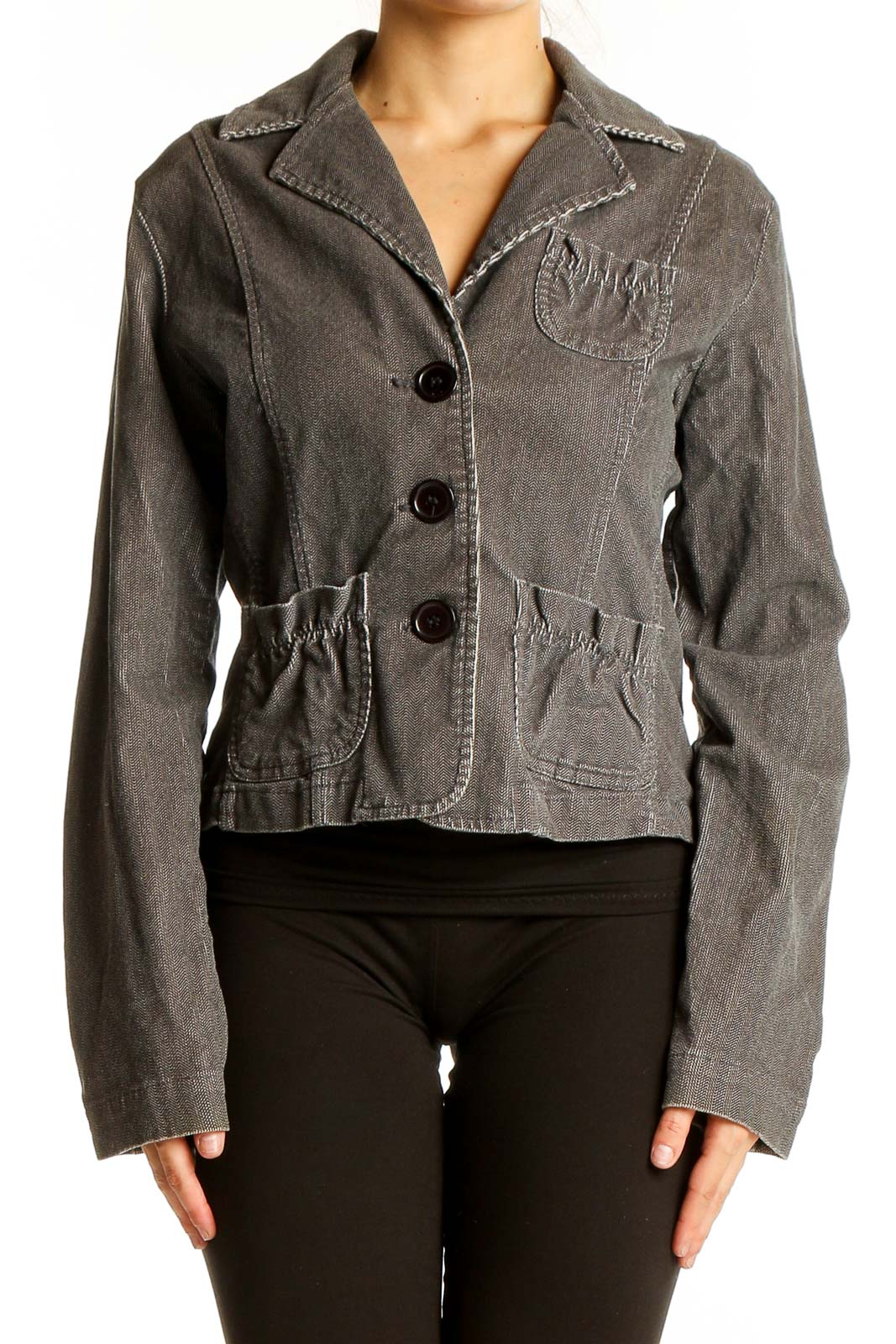 Gray Cotton Blend Casual Blazer Front
