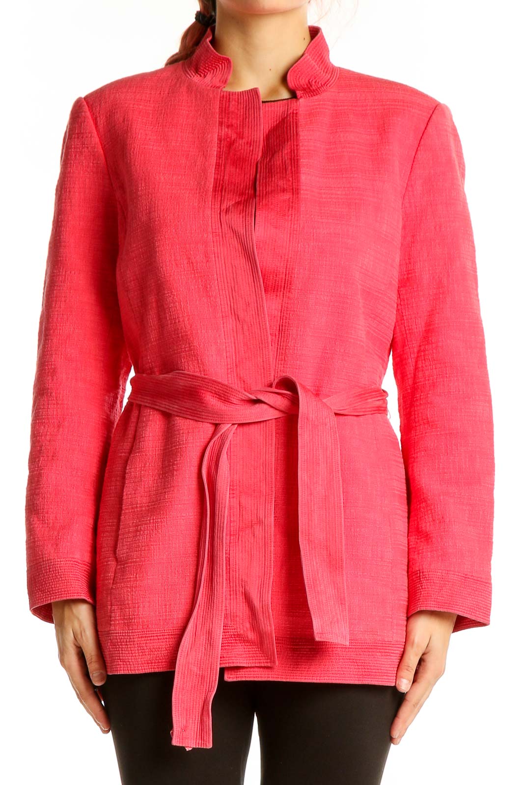 Coral Textured Belted Jacket Front