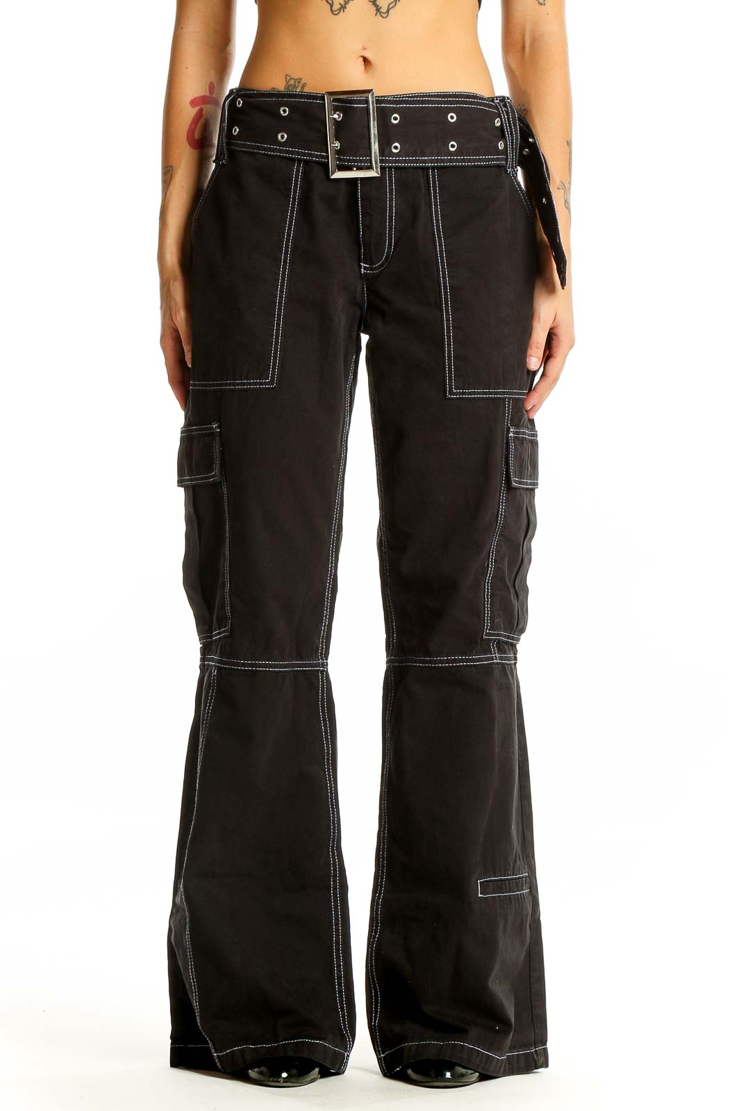 Black Contrast-Stitch Cargo Pants Front