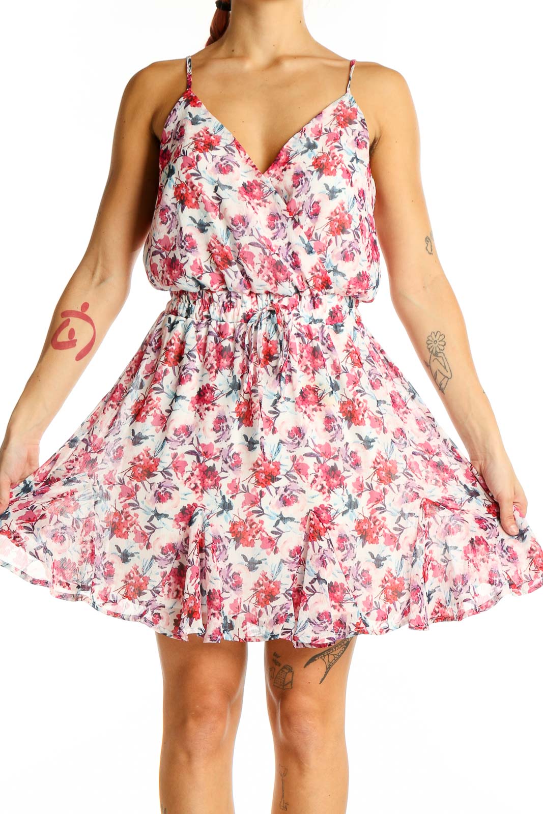 Pink Floral Spaghetti Strap Mini Dress Front