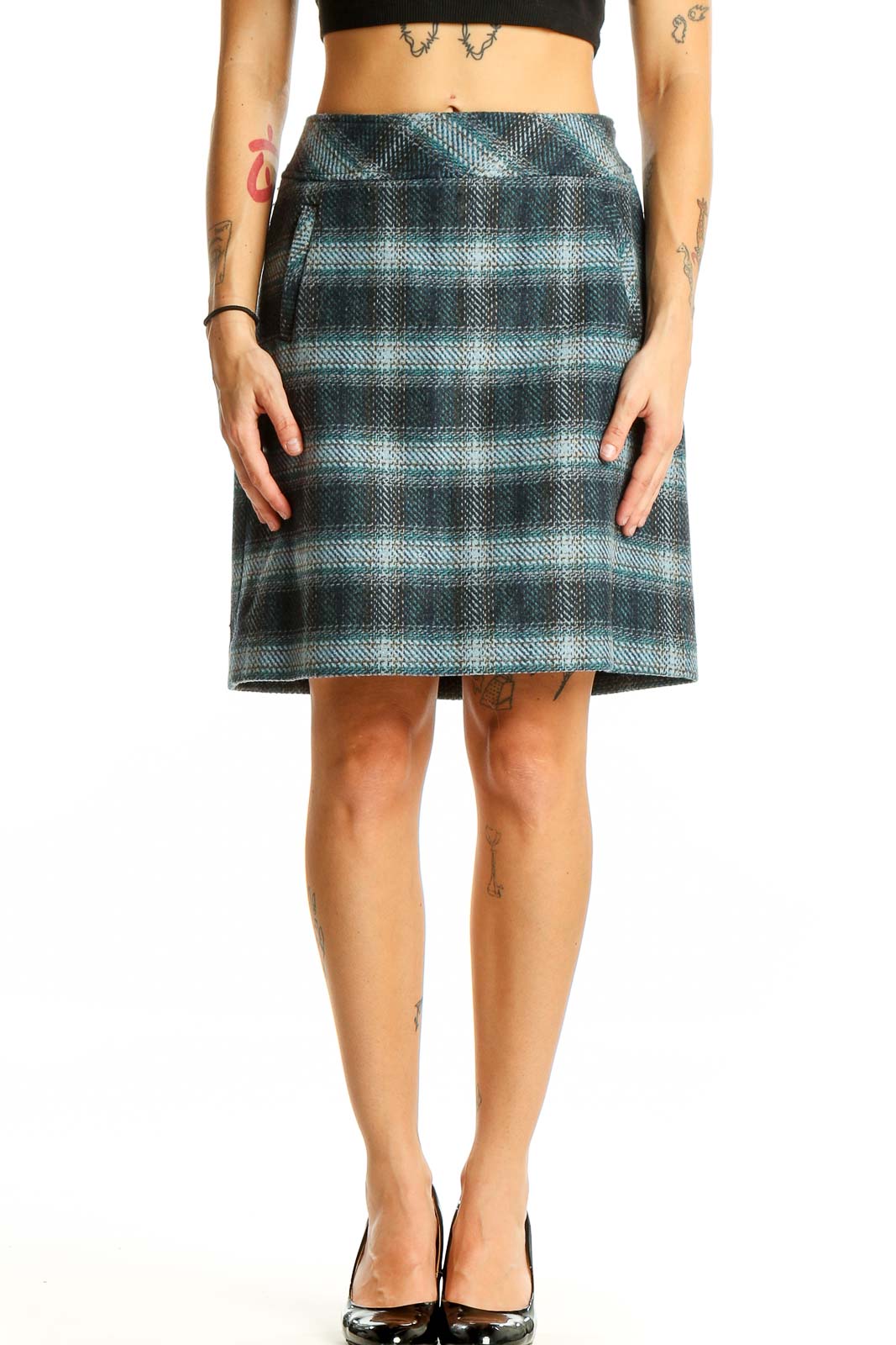 Blue Plaid Wool Blend A-Line Skirt Front