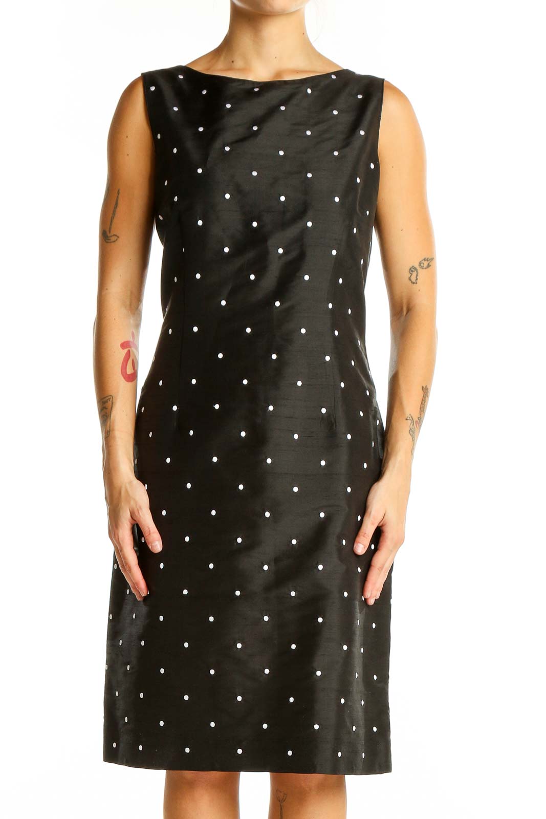 Black Polka Dot Sleeveless Sheath Dress Front