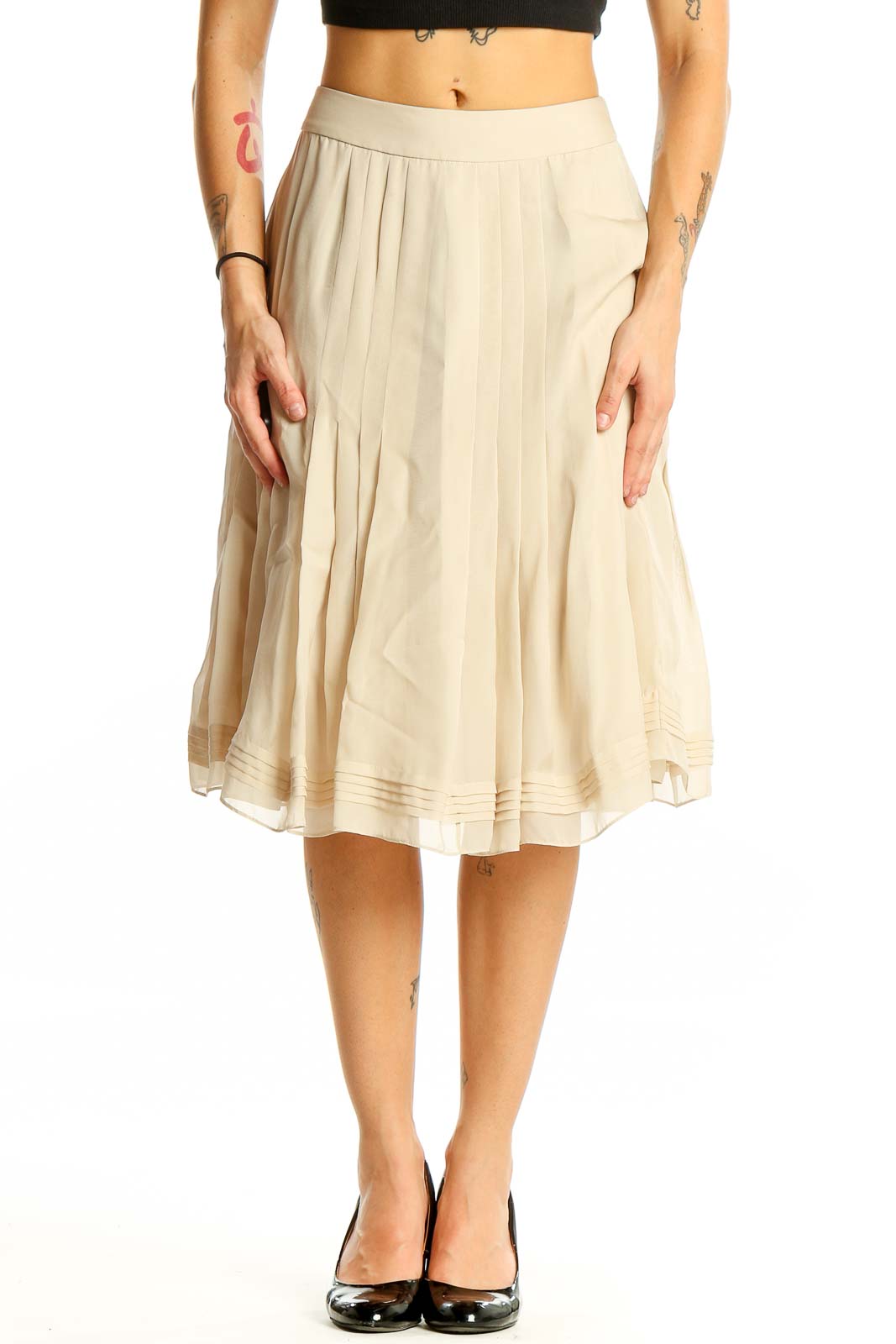 Beige Pleated Silk Midi Skirt Front