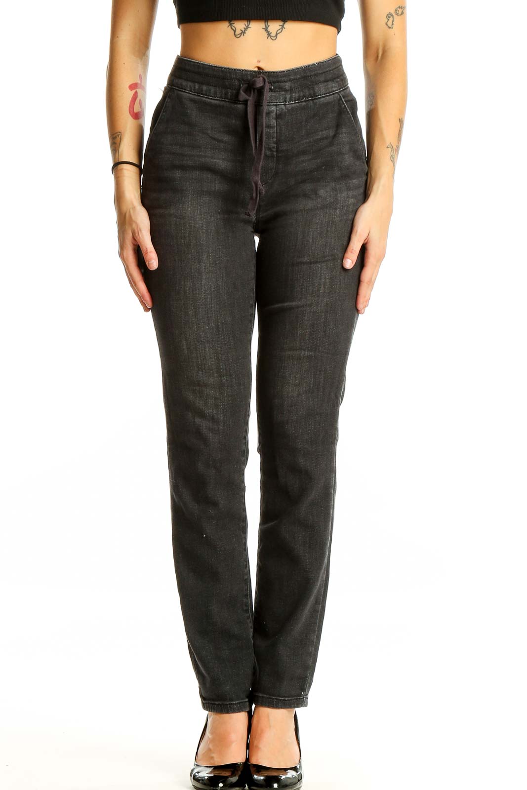 Black Straight Leg Drawstring Jeans Front