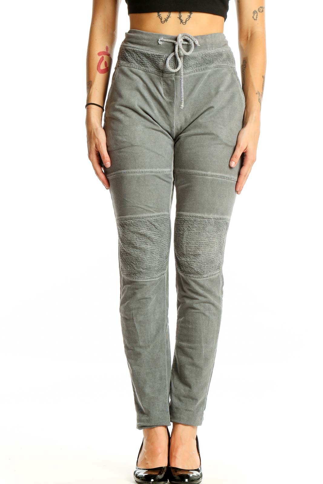 Gray Drawstring Waist Moto Pants Front