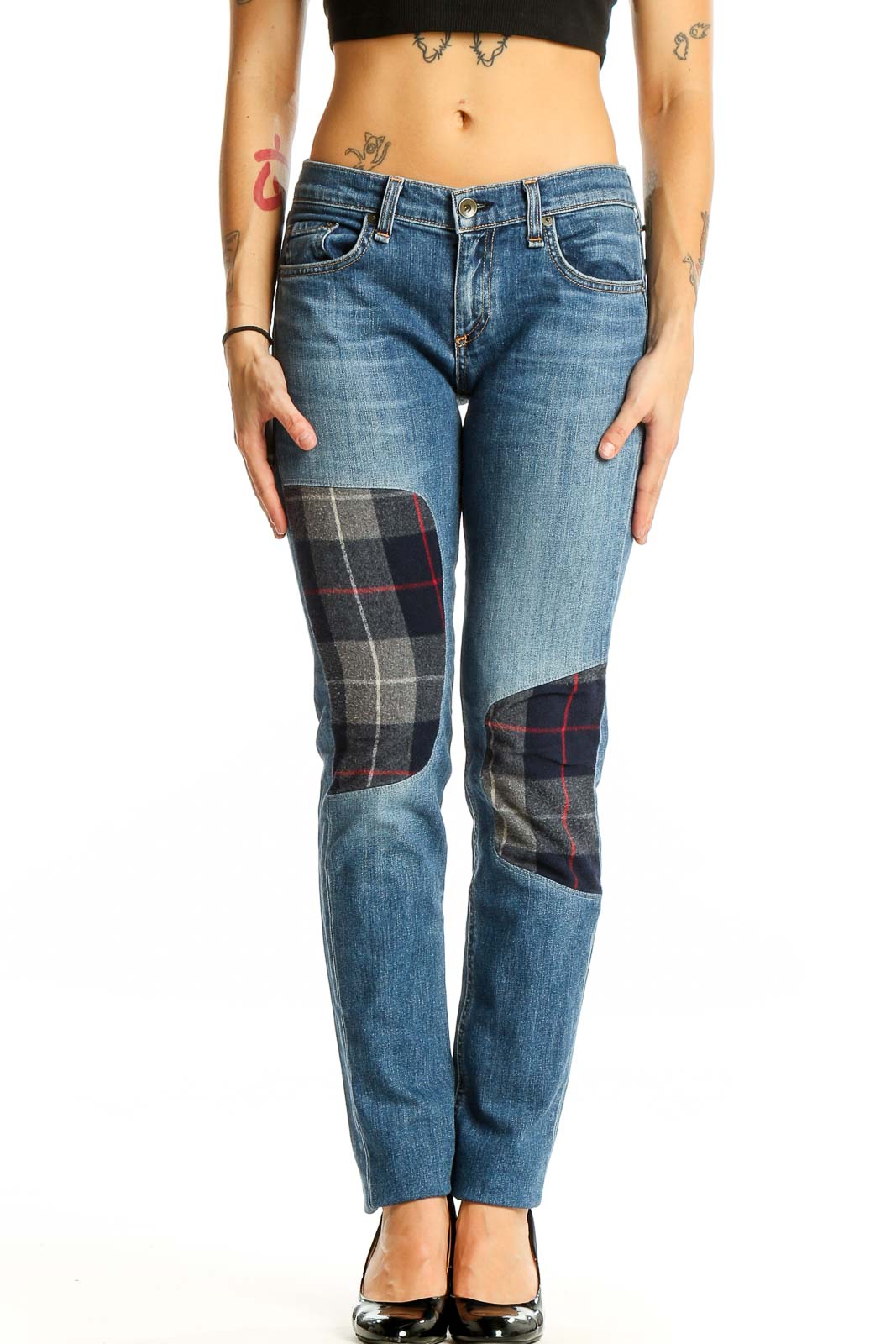 Blue Plaid Patchwork Denim Jeans Front