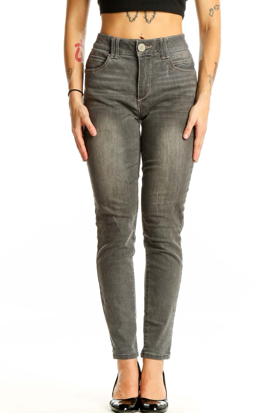 Gray Slim Fit High-Waisted Denim Jeans Front