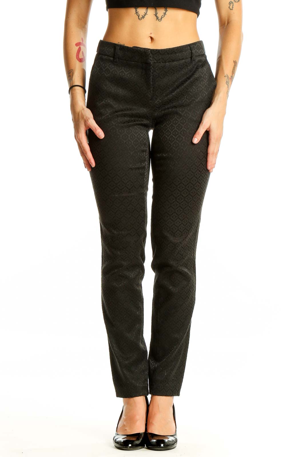 Black Textured Slim Fit Trousers Front