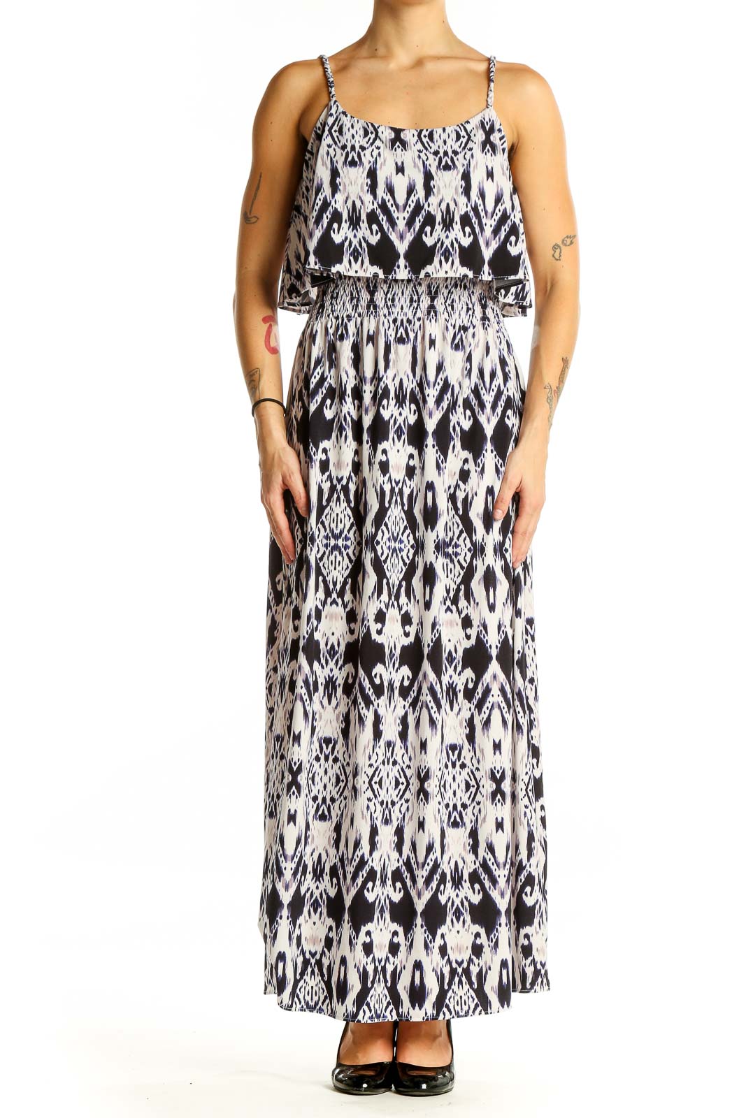 Black and White Ikat Print Maxi Dress Front