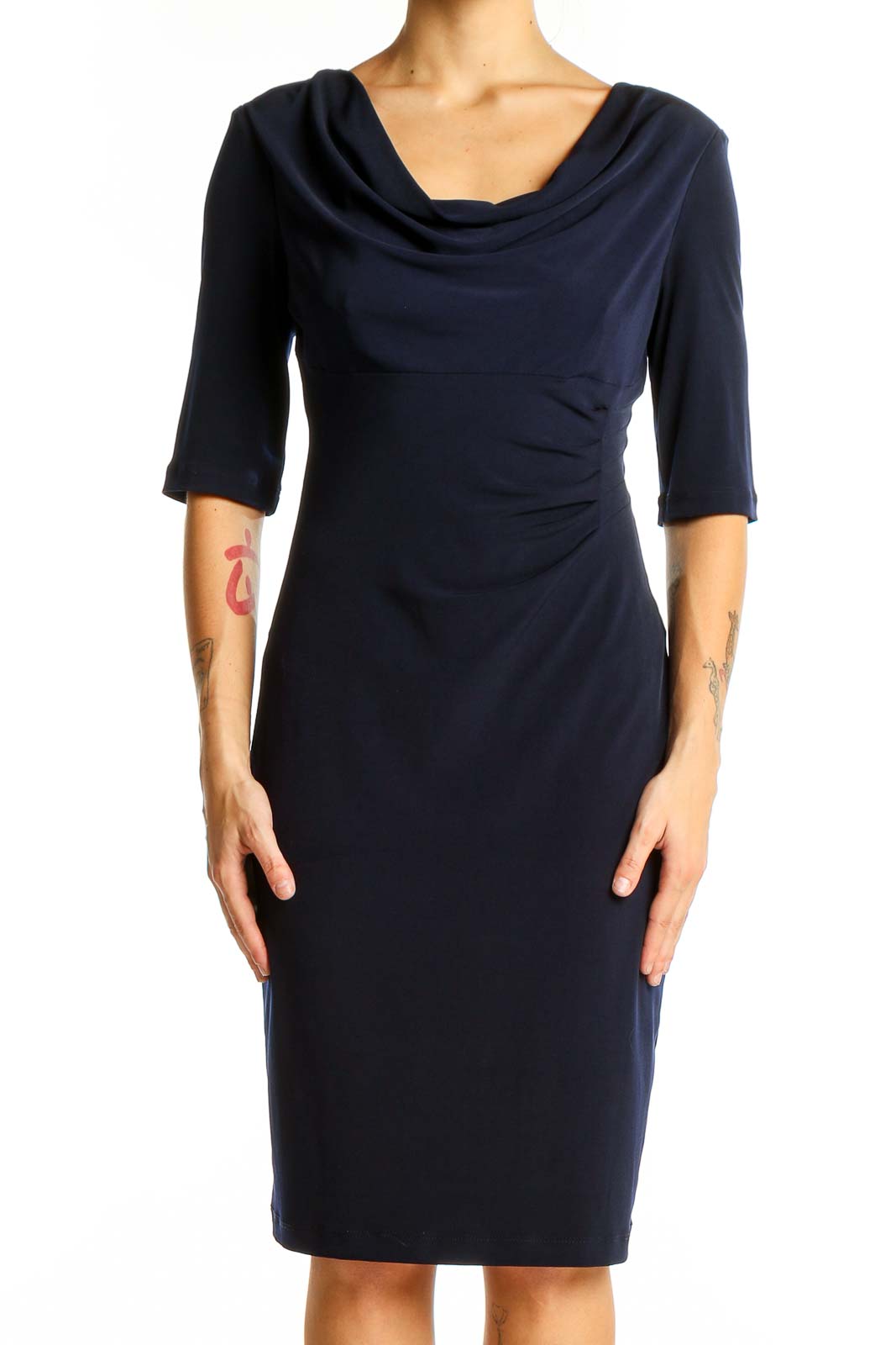 Navy Cowl Neck Sheath Dress Front