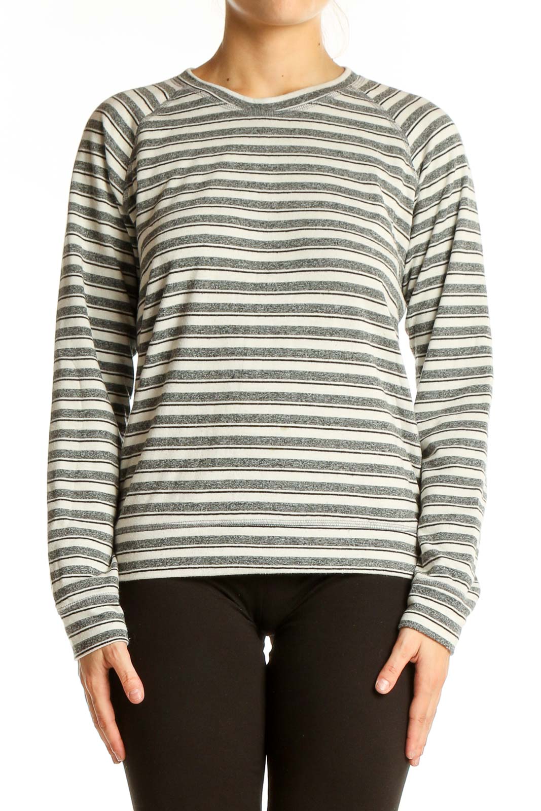 Gray Striped Long Sleeve Knit Top Front