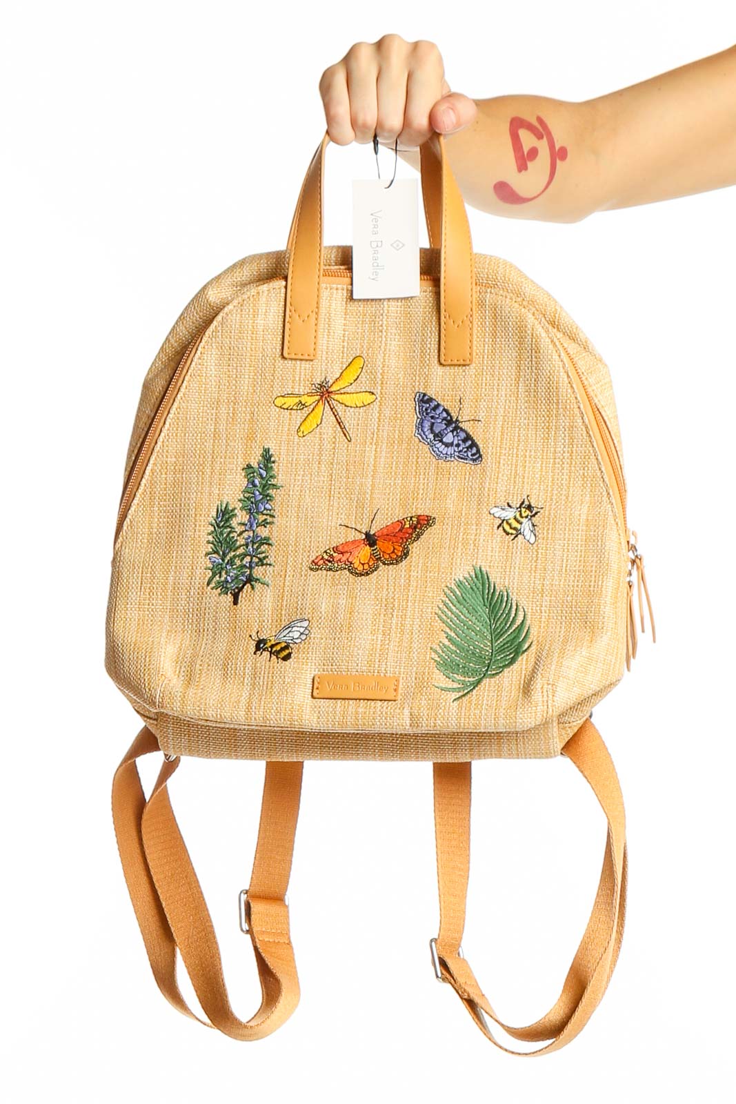 Beige Butterfly Embroidered Backpack Front