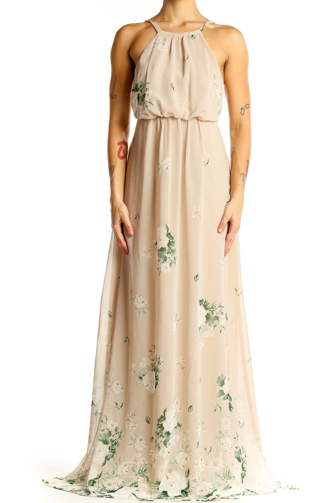 Beige Floral Maxi Dress with Spaghetti Straps Front