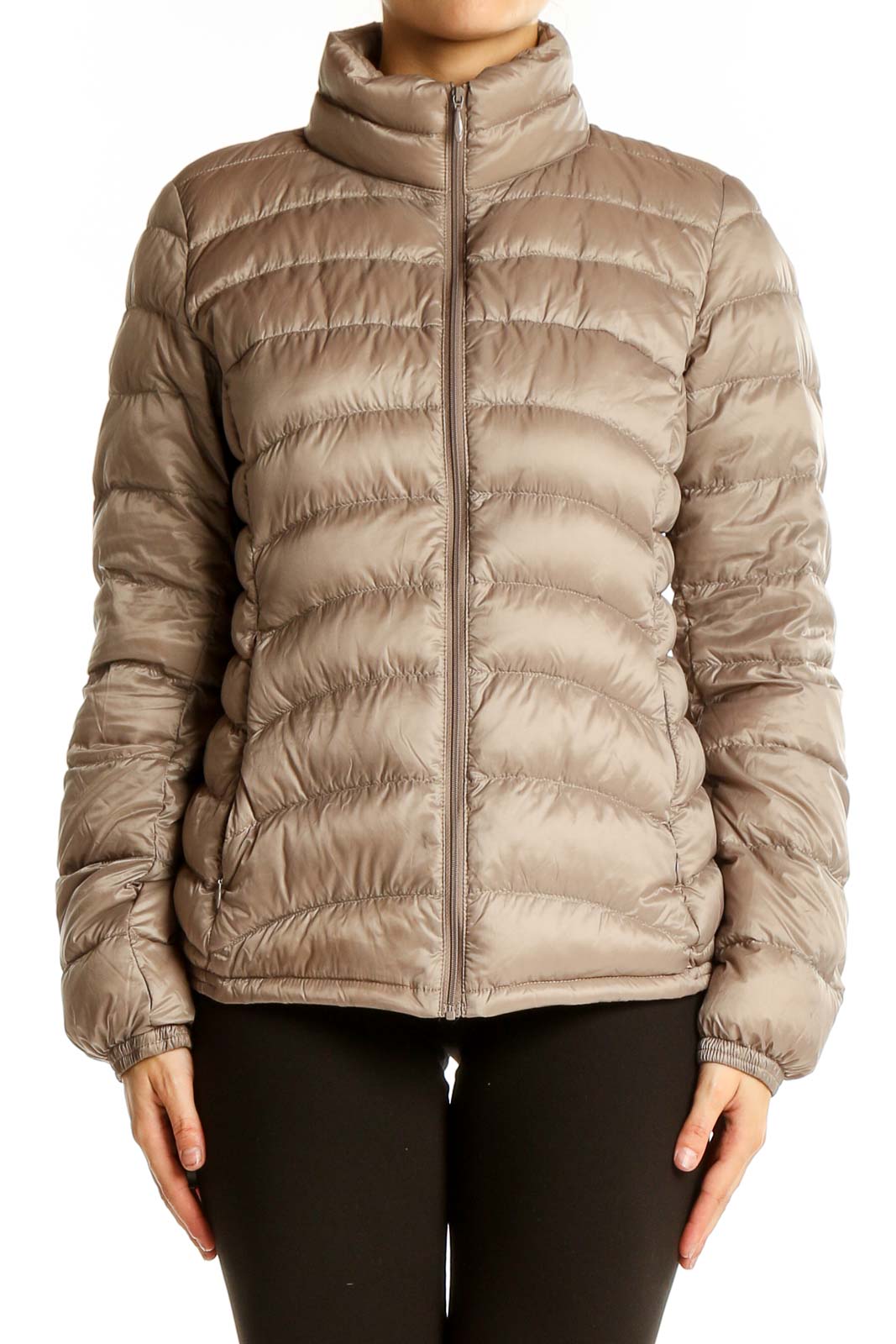 Beige Quilted Puffer Jacket Front