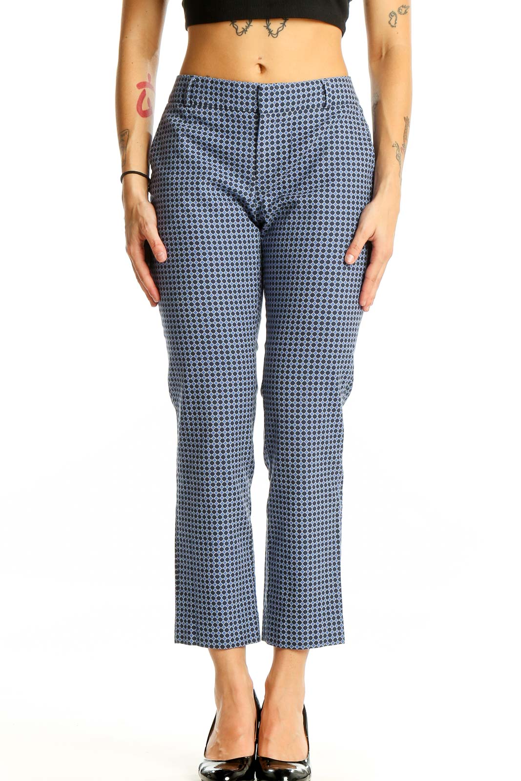 Blue Patterned Cotton Blend Cropped Pants Front