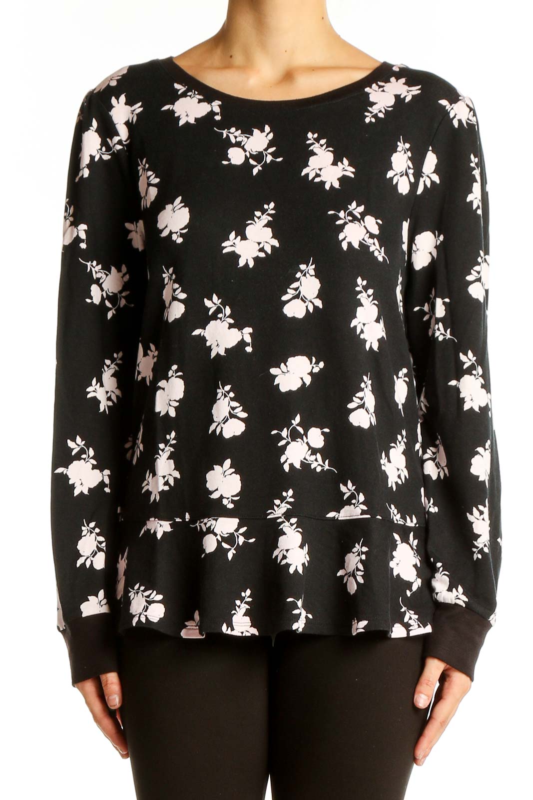Black Floral Print Long Sleeve Top Front