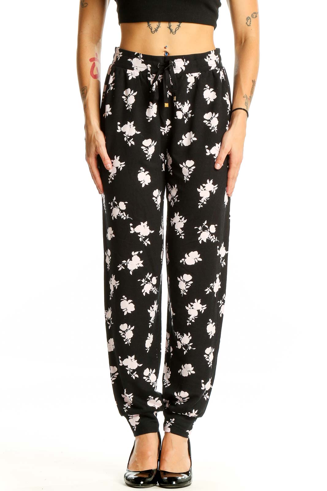 Black Floral Print Drawstring Pants Front