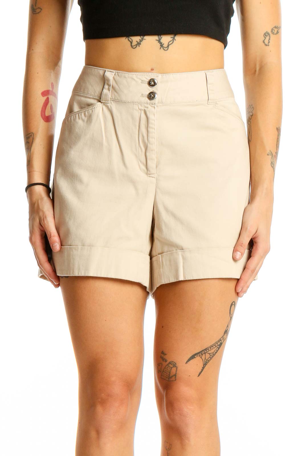 Beige High-Waisted Cotton Blend Shorts Front