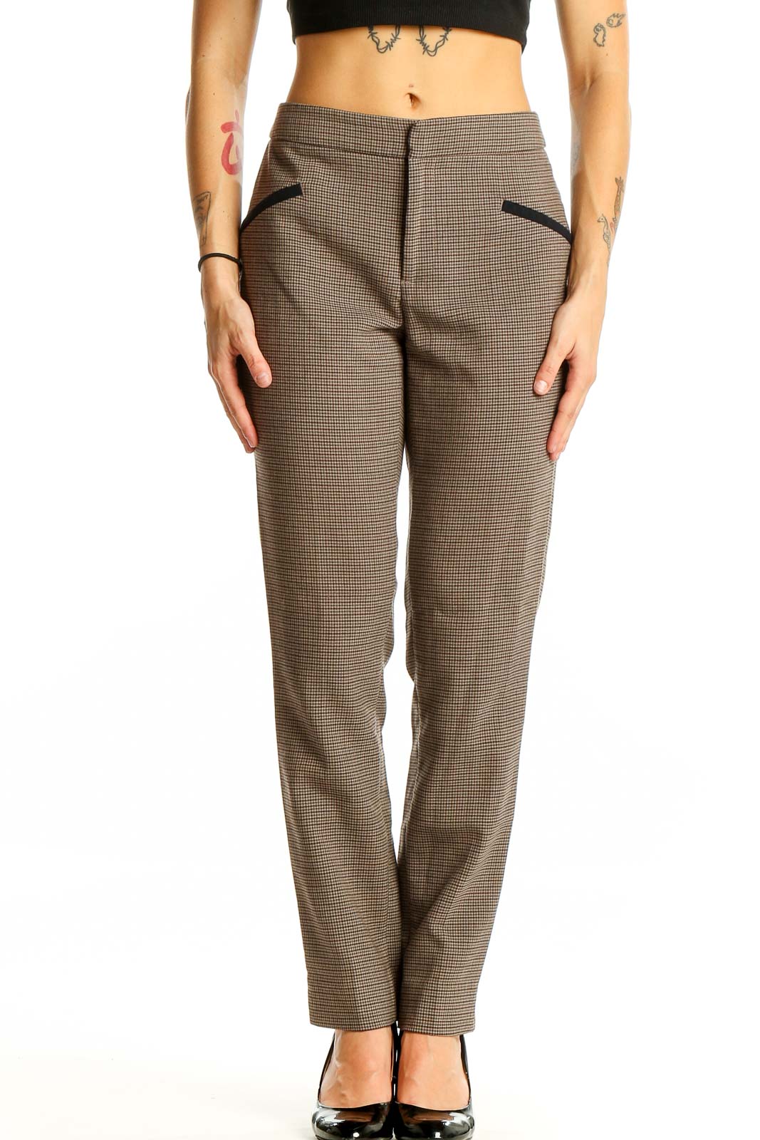 Brown Plaid Tailored Trousers Front