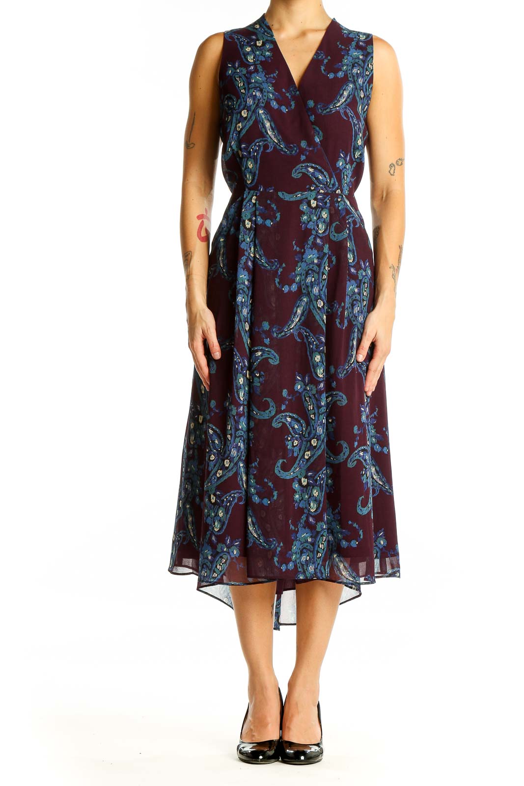 Burgundy Paisley Print Midi Dress Front