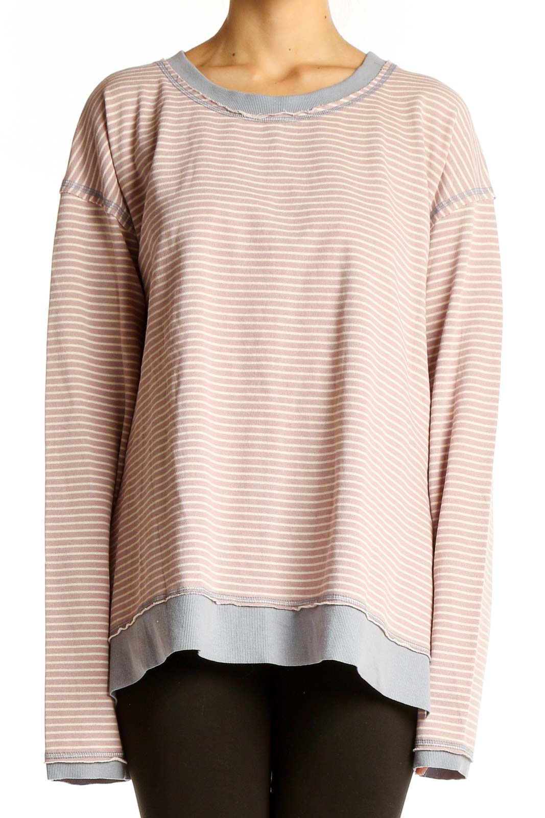 Pink Striped Cotton Blend Knit Top Front