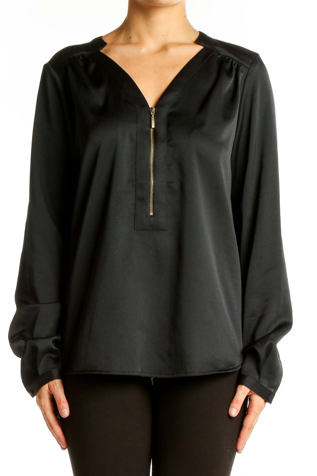 Black Polyester Zip-Front Blouse Front
