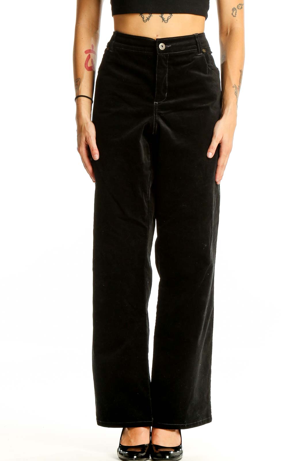 Black Cotton-Blend Wide-Leg Pants Front