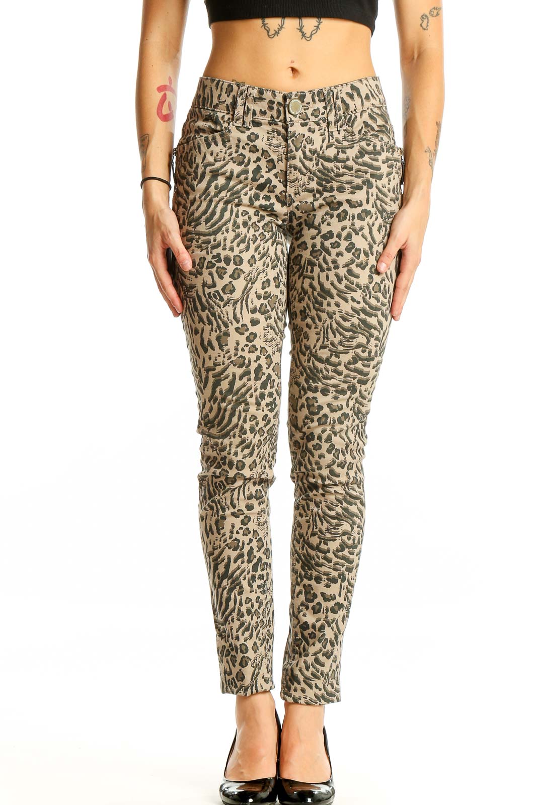 Beige Leopard Print Skinny Pants Front