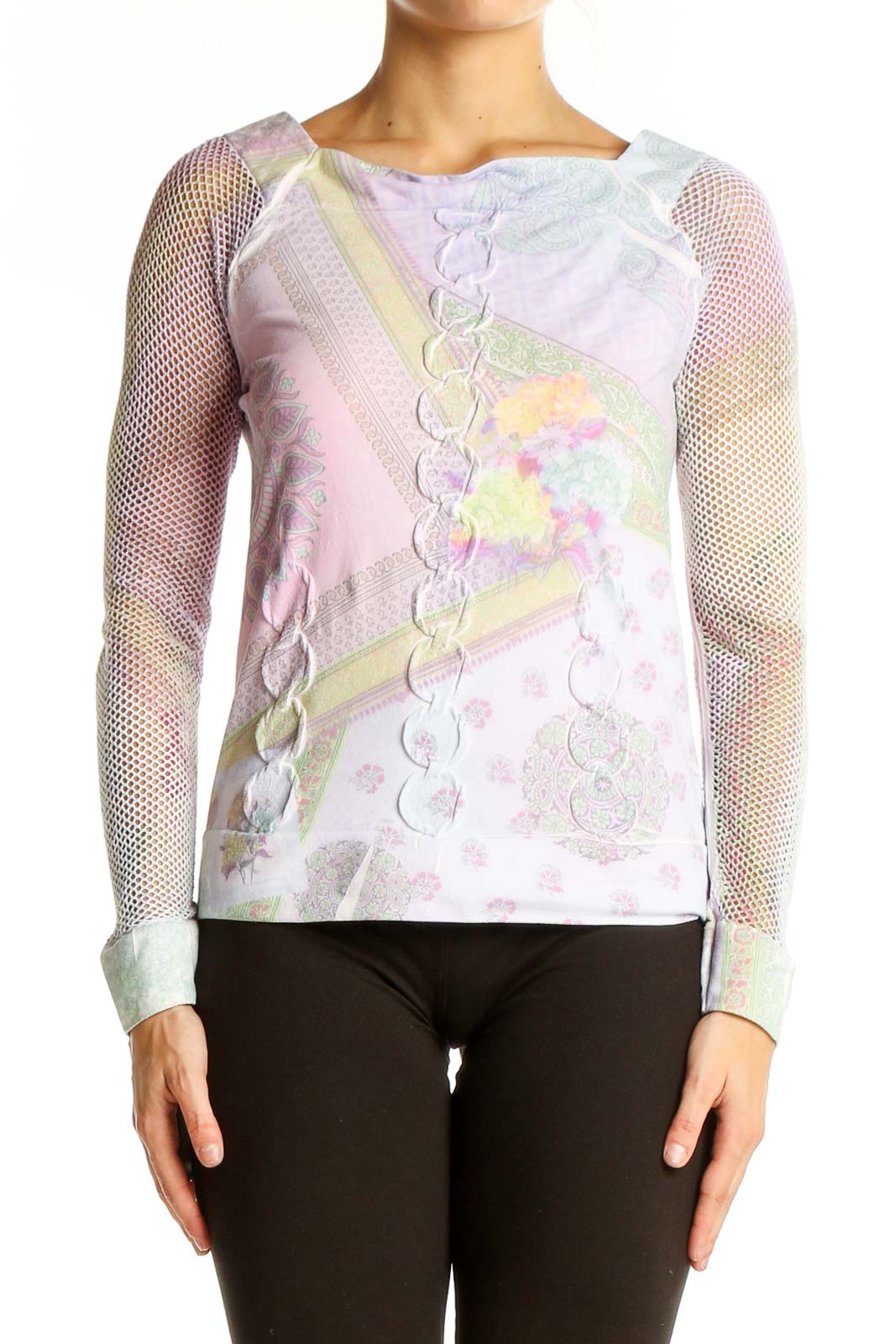 Pastel Floral Mesh-Sleeve Top Front