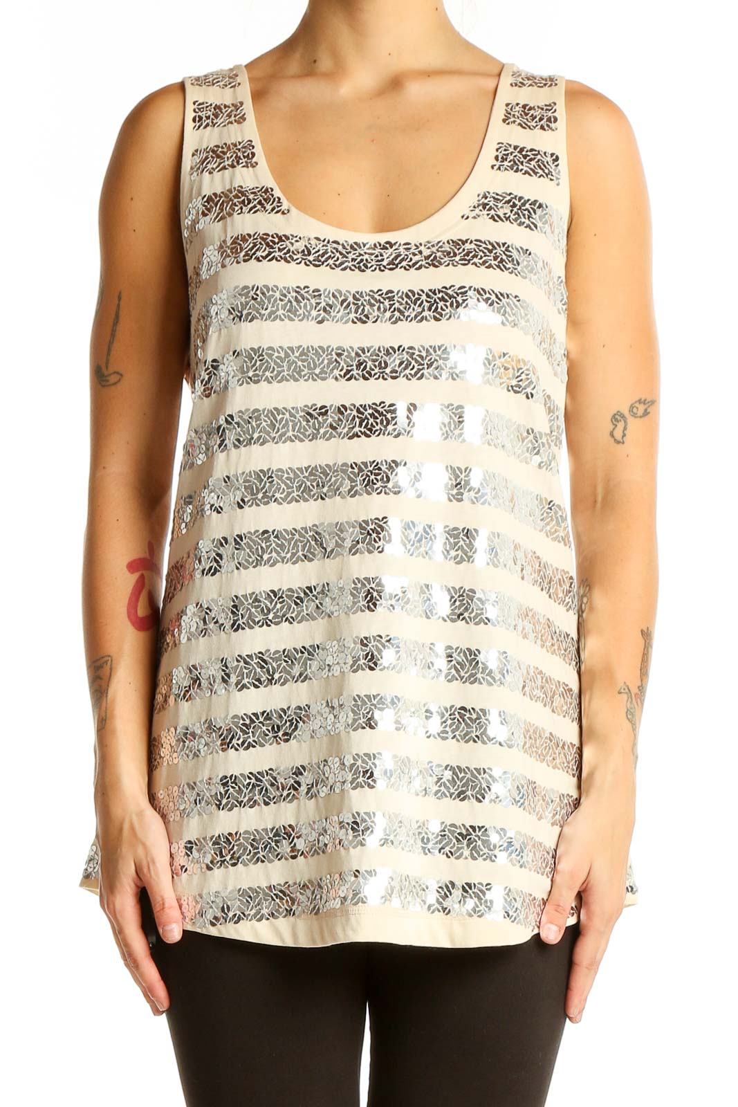 Cream Sequined Striped Tank Top Front