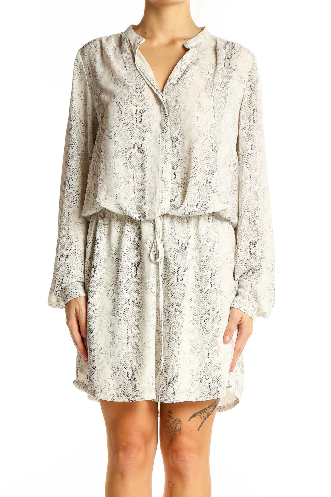 White Snakeskin Print Drawstring Shirt Dress Front