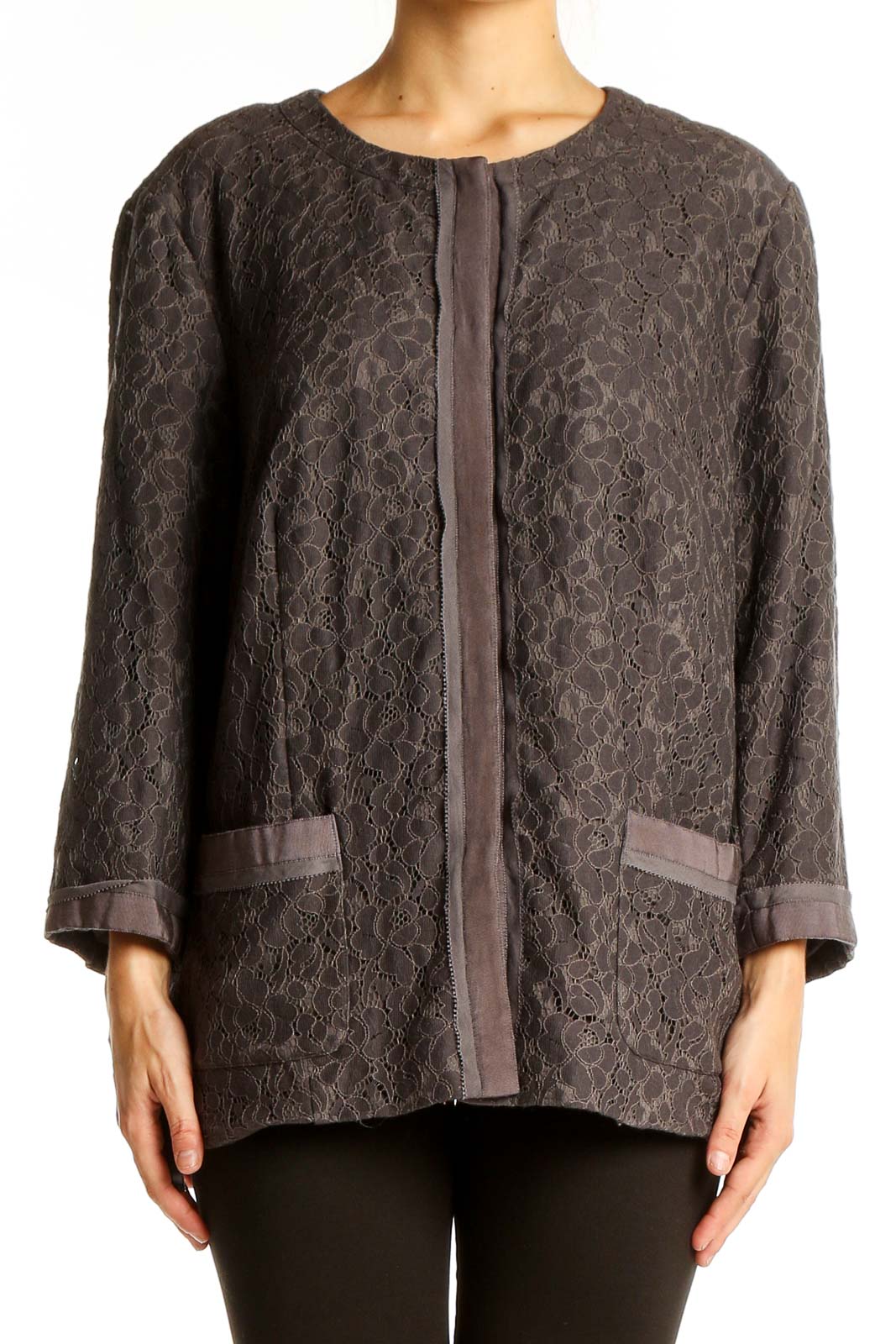 Brown Lace Overlay Jacket Front