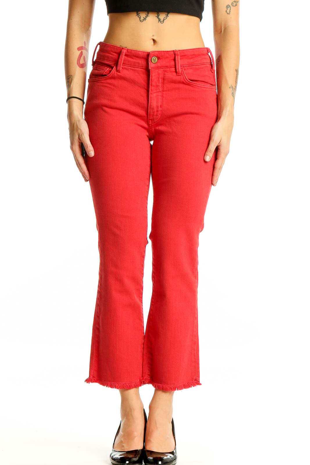 Red Cropped Flare Denim Jeans Front