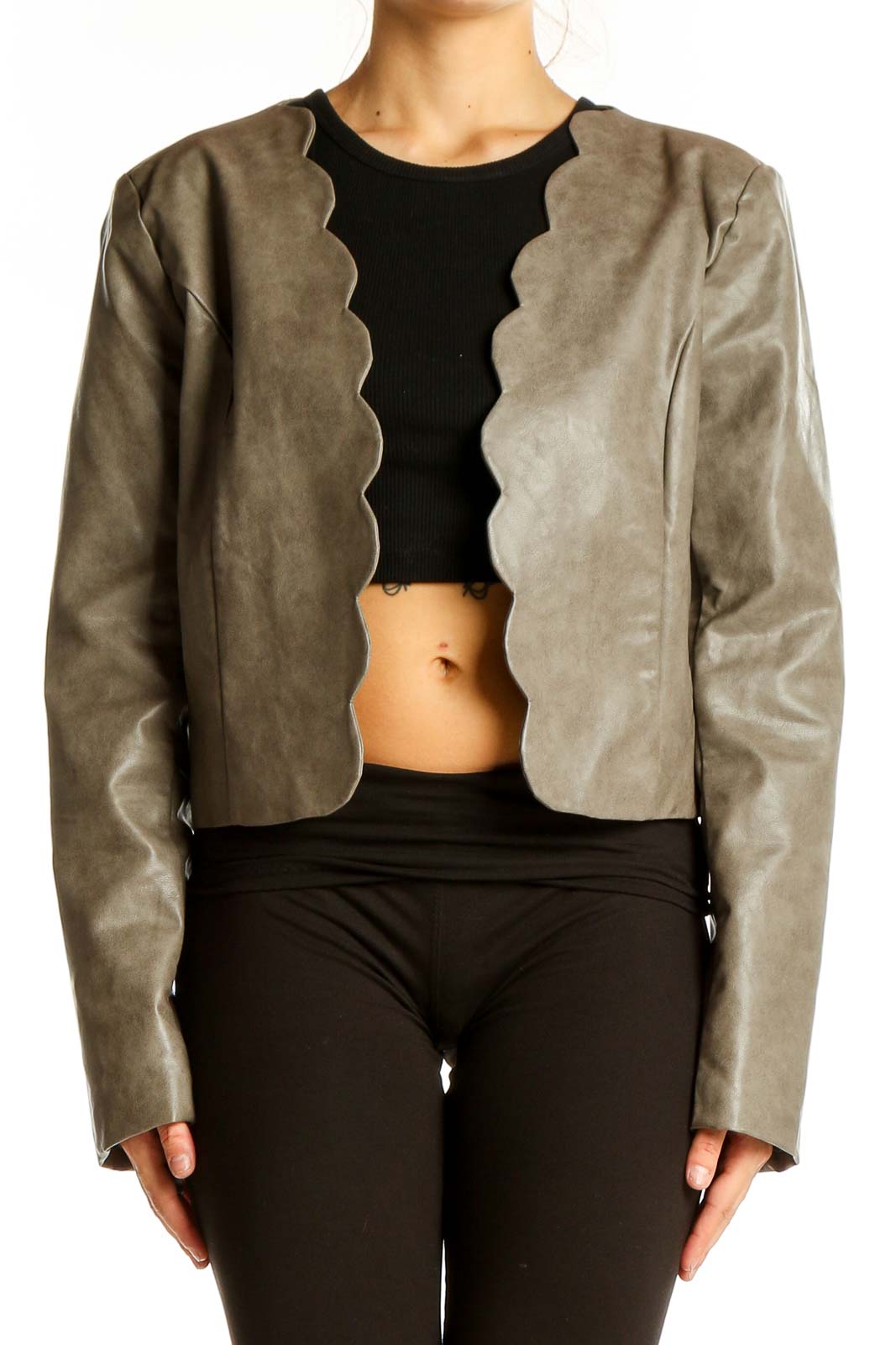Taupe Scalloped Edge Faux Leather Jacket Front