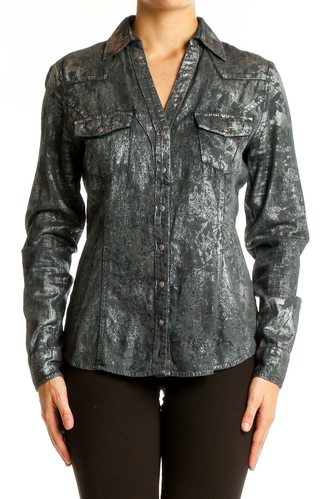 Metallic Gray Distressed Button-Up Shirt Front