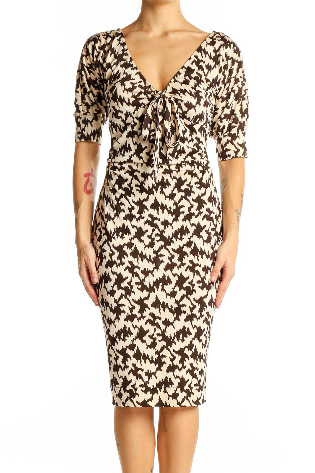 Brown and Cream Abstract Print Silk Dress Front