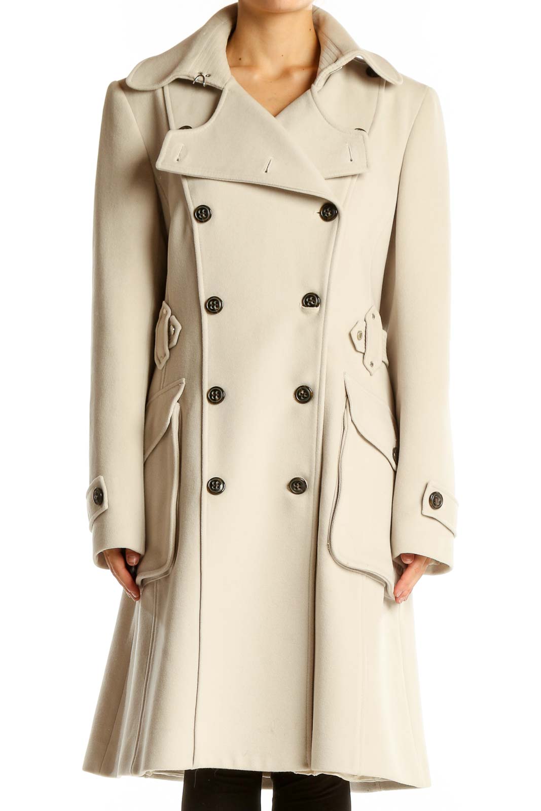 Cream Double-Breasted Wool Blend Coat Front