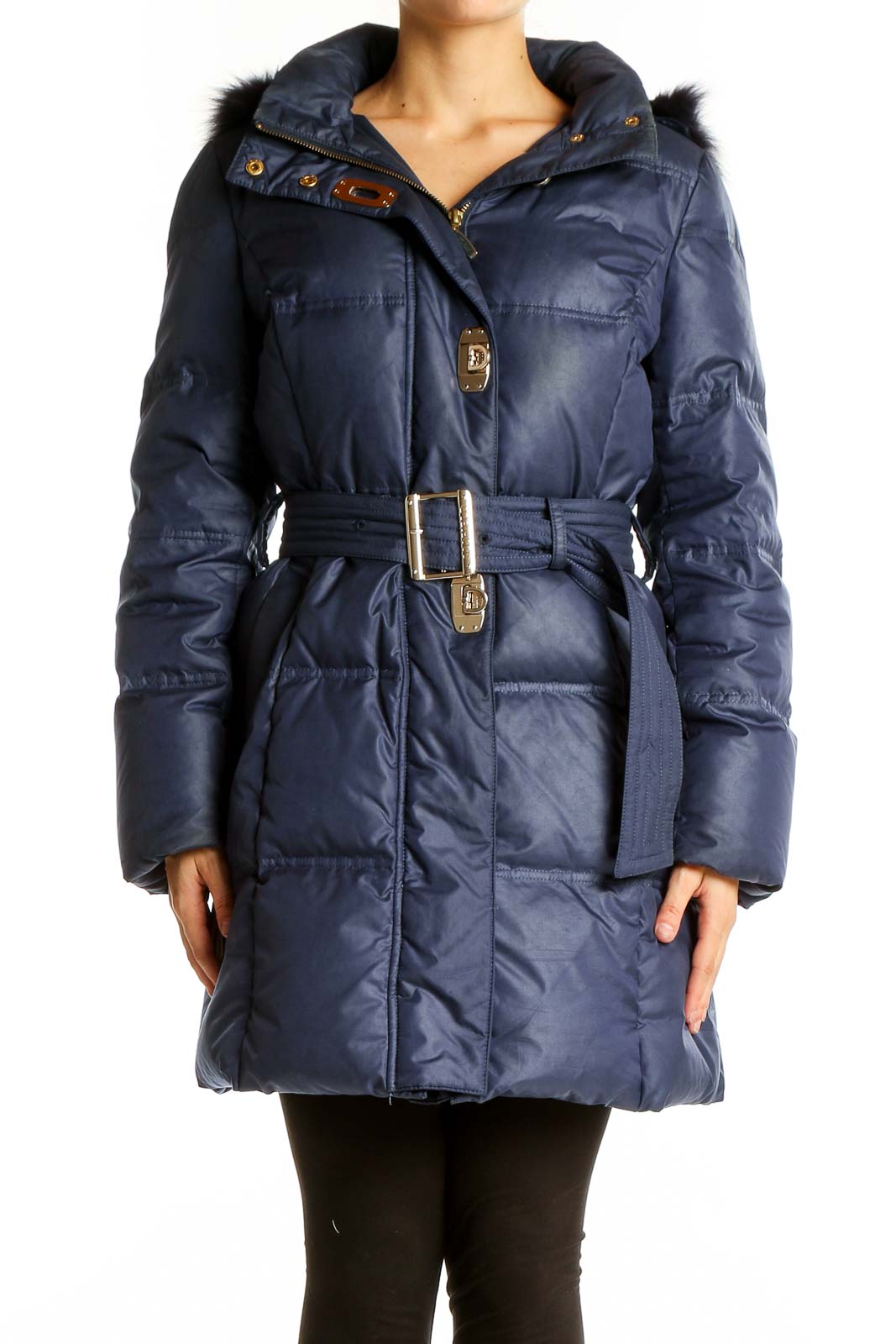 Navy Belted Puffer Coat with Fur Hood Front